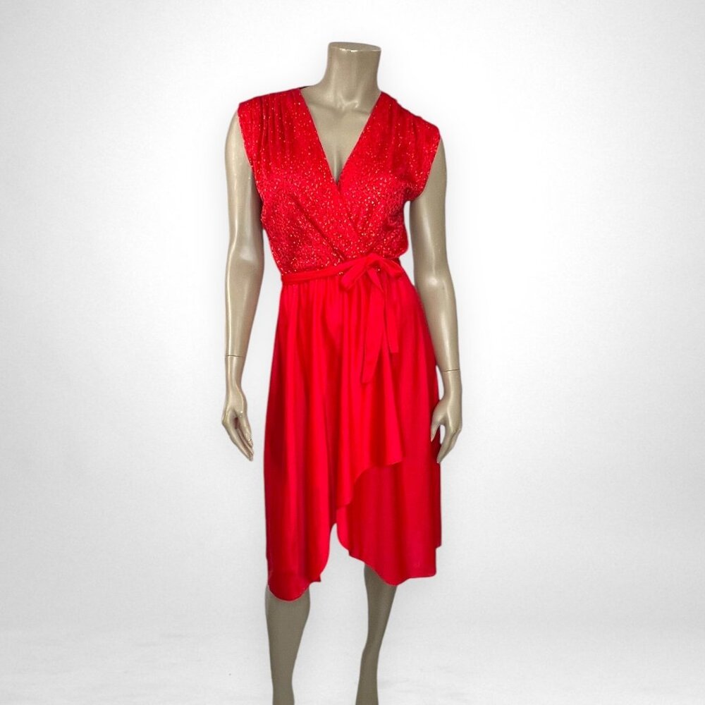 Vintage Small Red Sleeveless Wrap Dress With Sequin Detail & Tie Waist